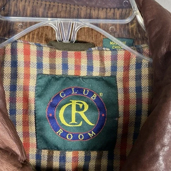 Club Room Chore Jacket Men Medium Olive Leather Collar Plaid Lined Utility Coat